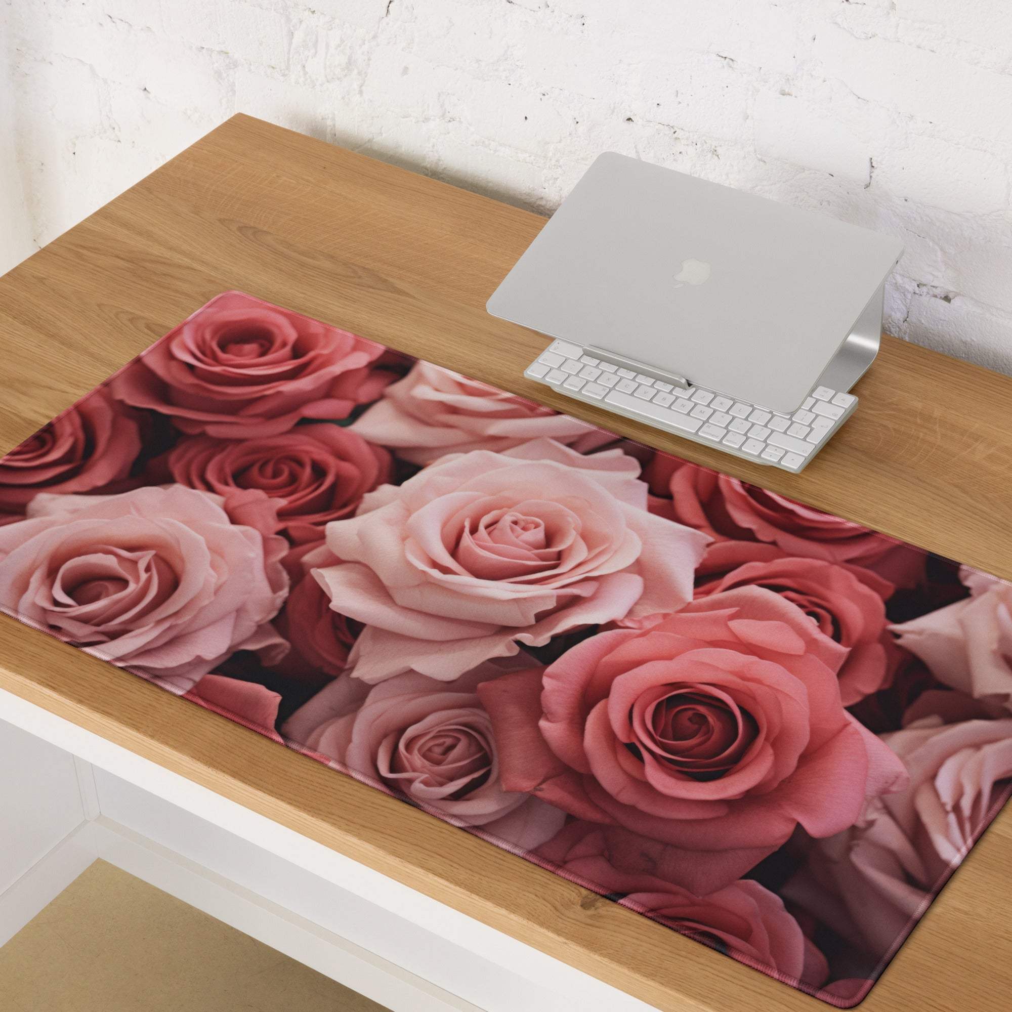 Elegant pink roses large gaming mouse pad with glossy floral pattern