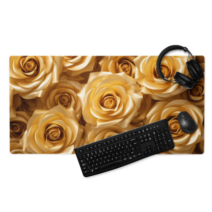 Luxurious golden rose gaming mouse pad with velvety petals and non-slip base