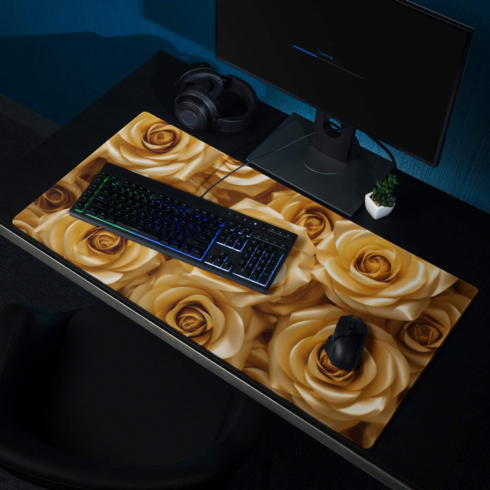 Luxurious golden rose gaming mouse pad with non-slip base and stitched edges