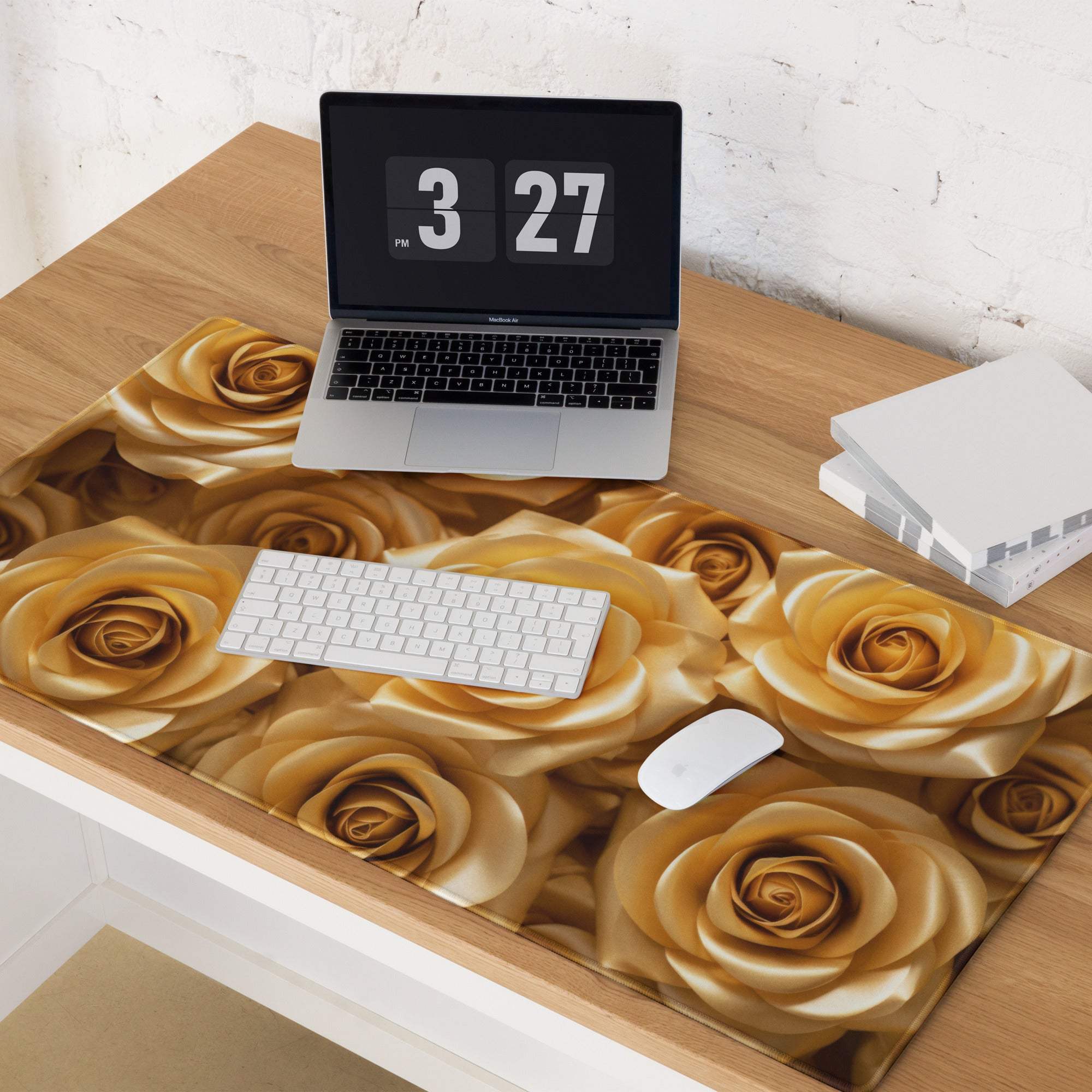 Luxurious golden rose gaming mouse pad with non-slip base and stitched edges