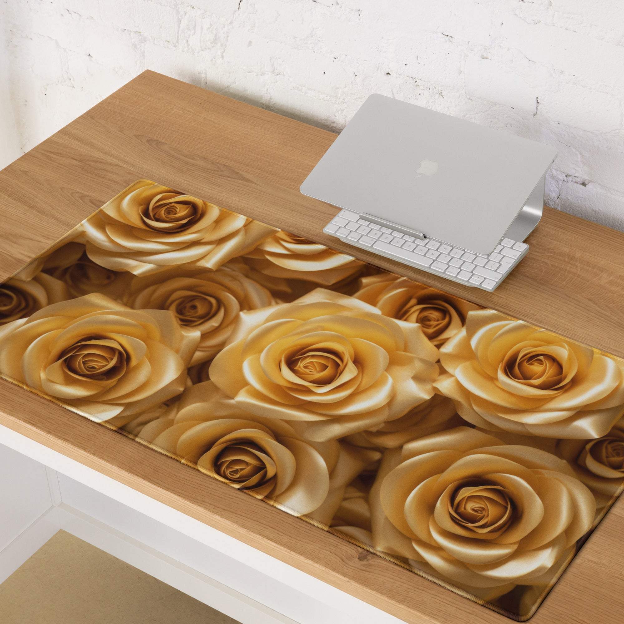 Luxurious golden rose gaming mouse pad with non-slip base and stitched edges
