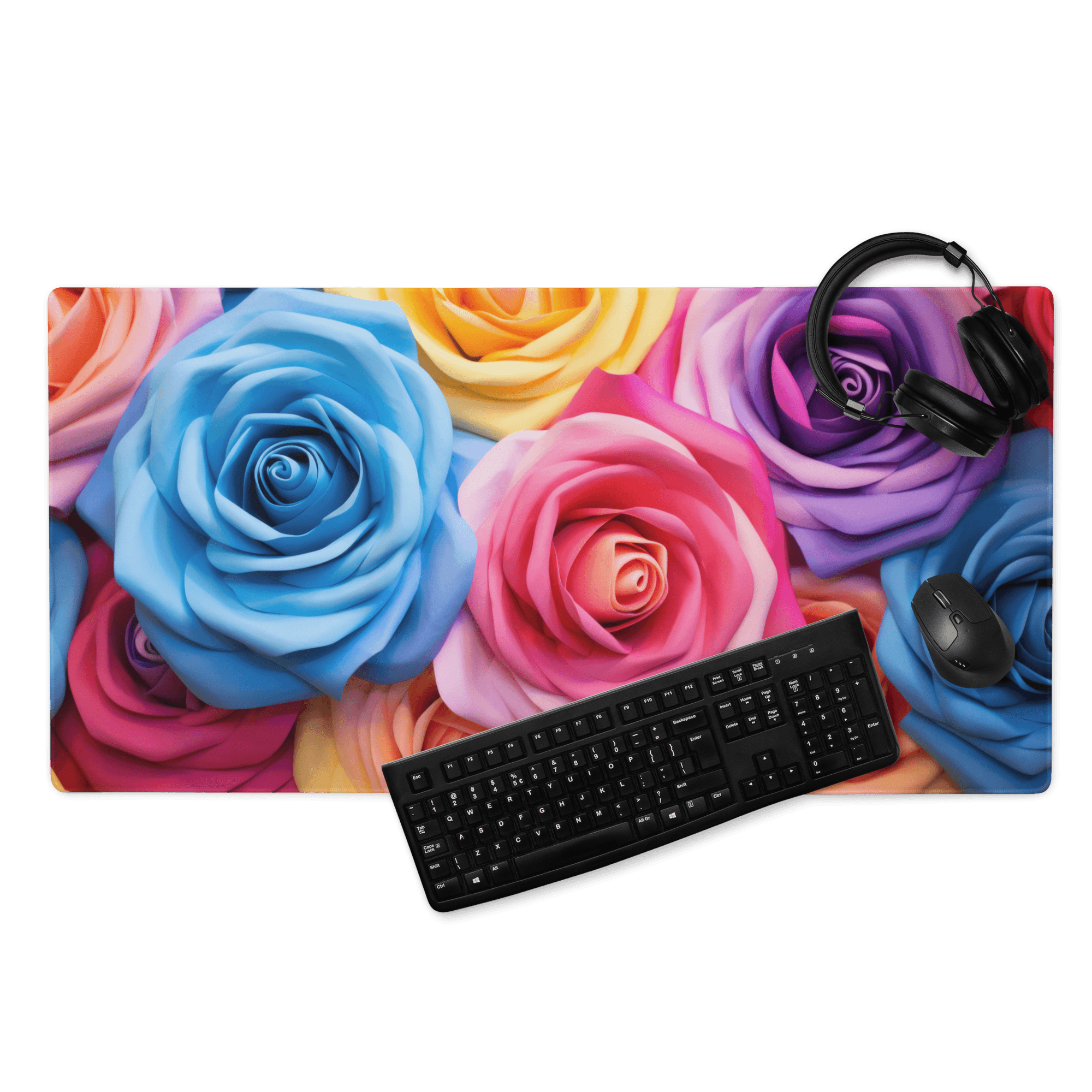 Vibrant floral rainbow gaming mouse pad with multicolored roses and non-slip base