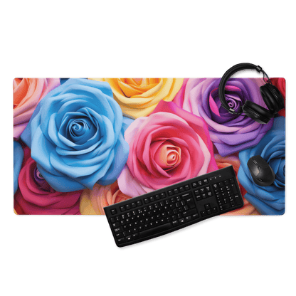 Vibrant floral rainbow gaming mouse pad with multicolored roses and non-slip base
