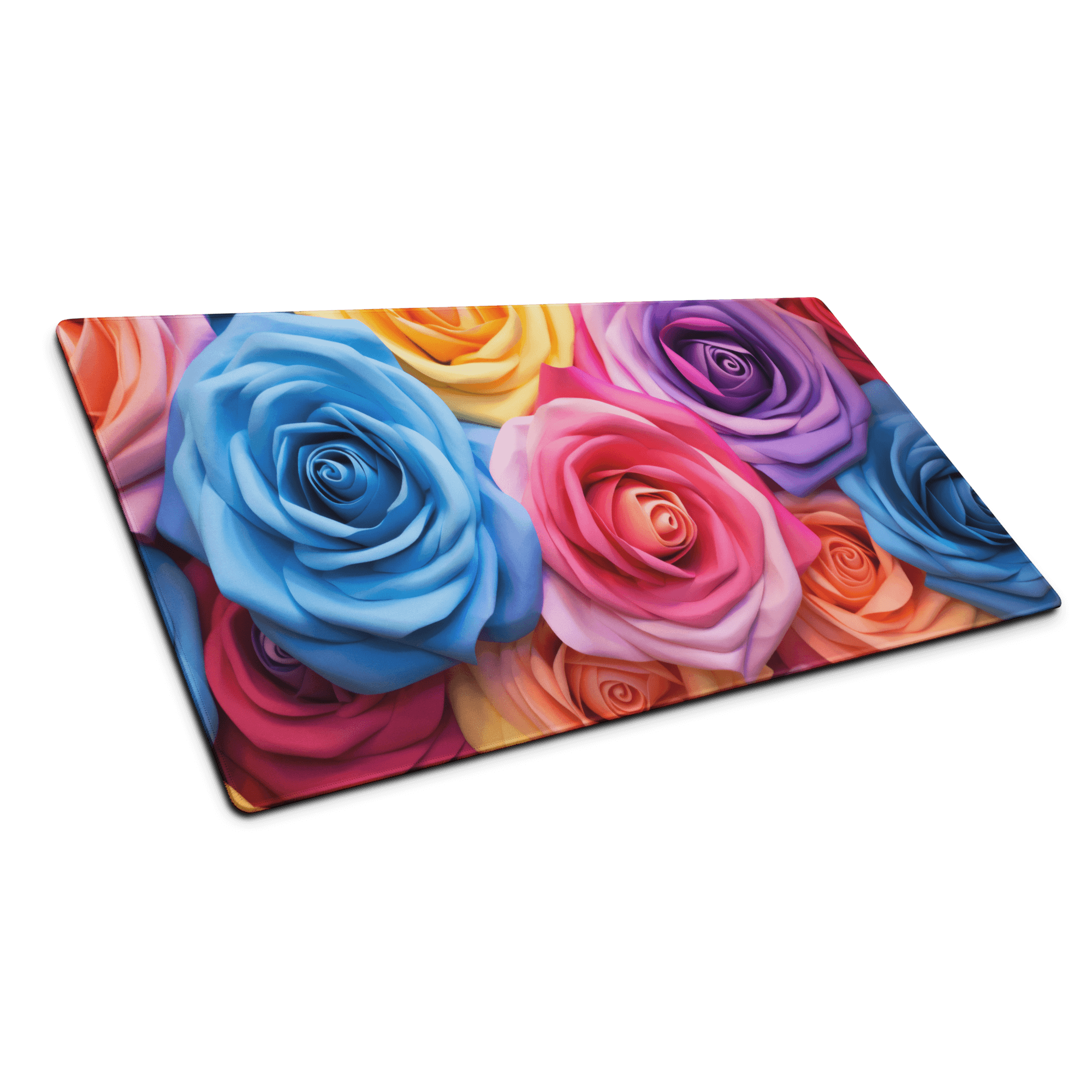 Vibrant multicolored rose-patterned large gaming mouse pad with edge stitching