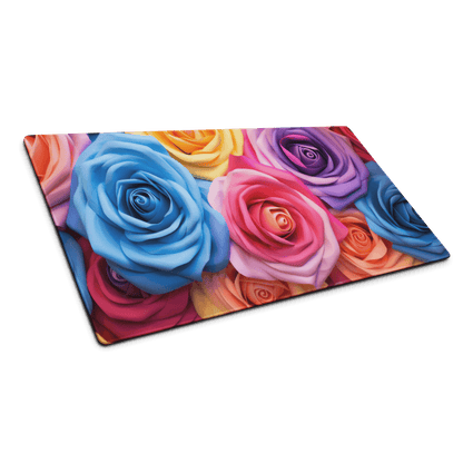 Vibrant multicolored rose-patterned large gaming mouse pad with edge stitching