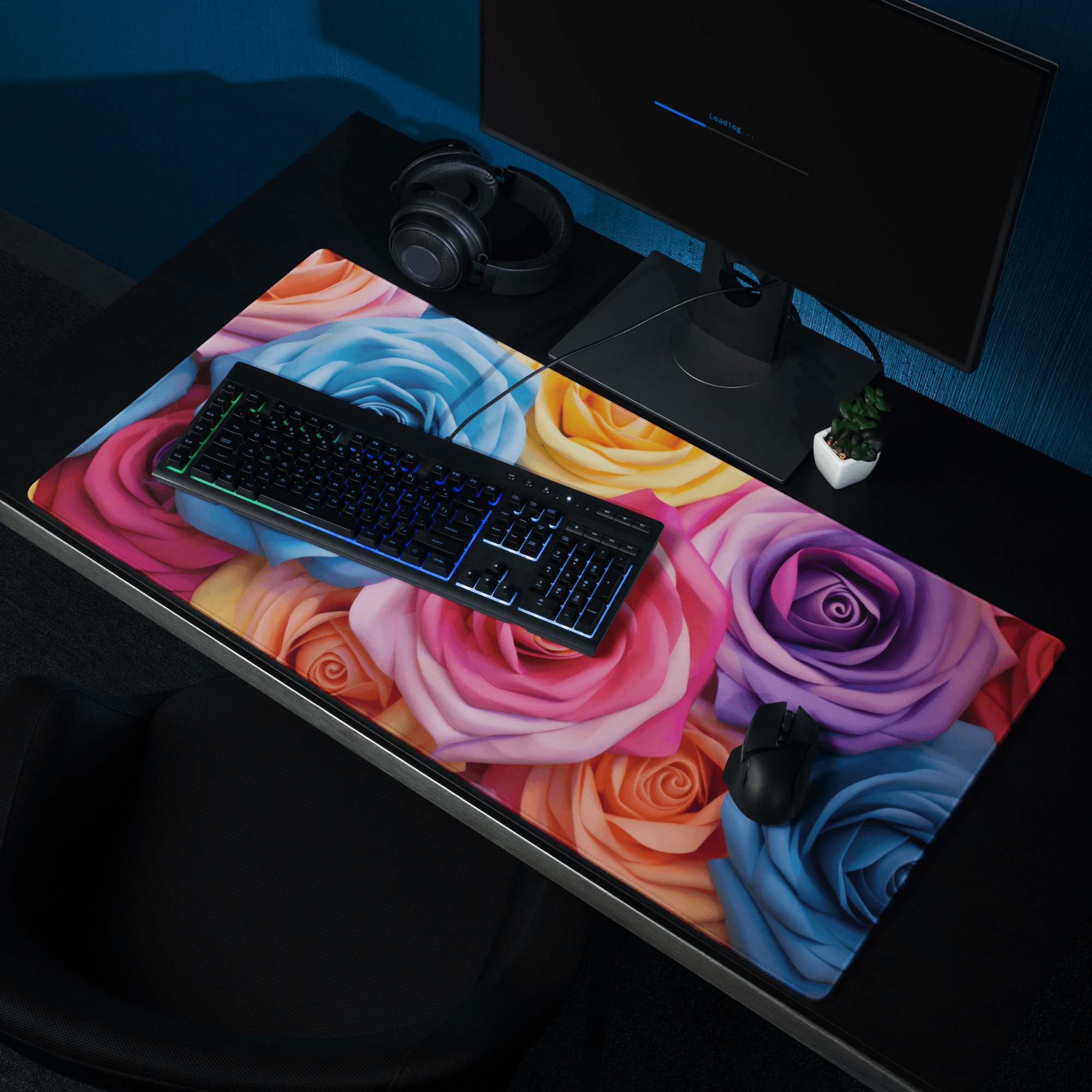 Vibrant rainbow floral gaming mouse pad with roses, large size, stitched edges, non-slip base