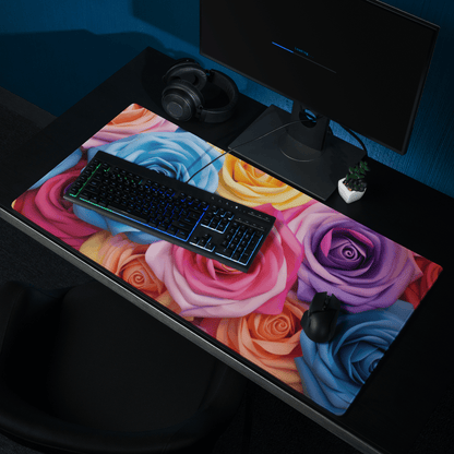 Vibrant rainbow floral gaming mouse pad with roses, large size, stitched edges, non-slip base