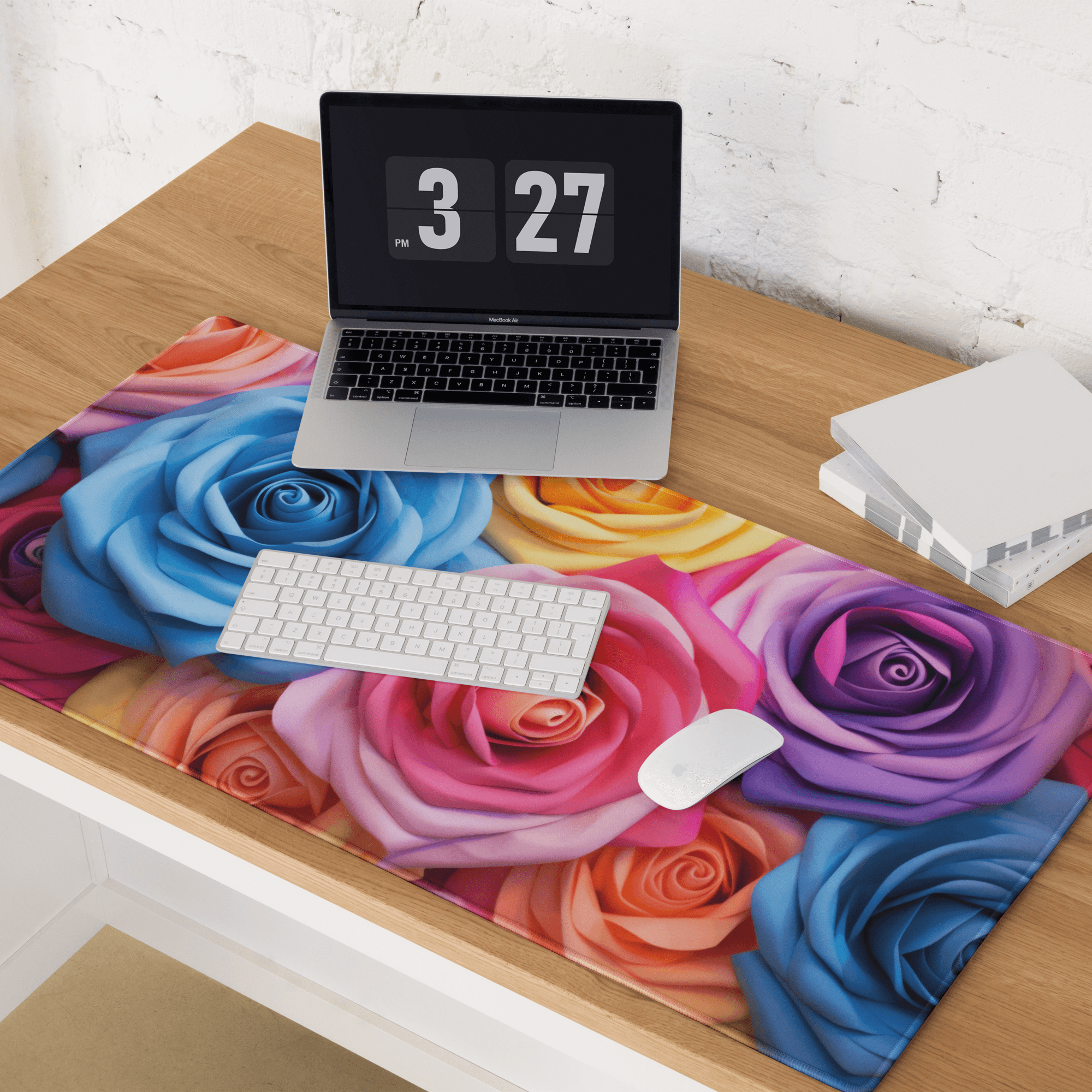 Vibrant rainbow rose patterned large gaming mouse pad with edge stitching