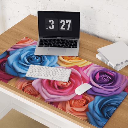 Vibrant rainbow rose patterned large gaming mouse pad with edge stitching