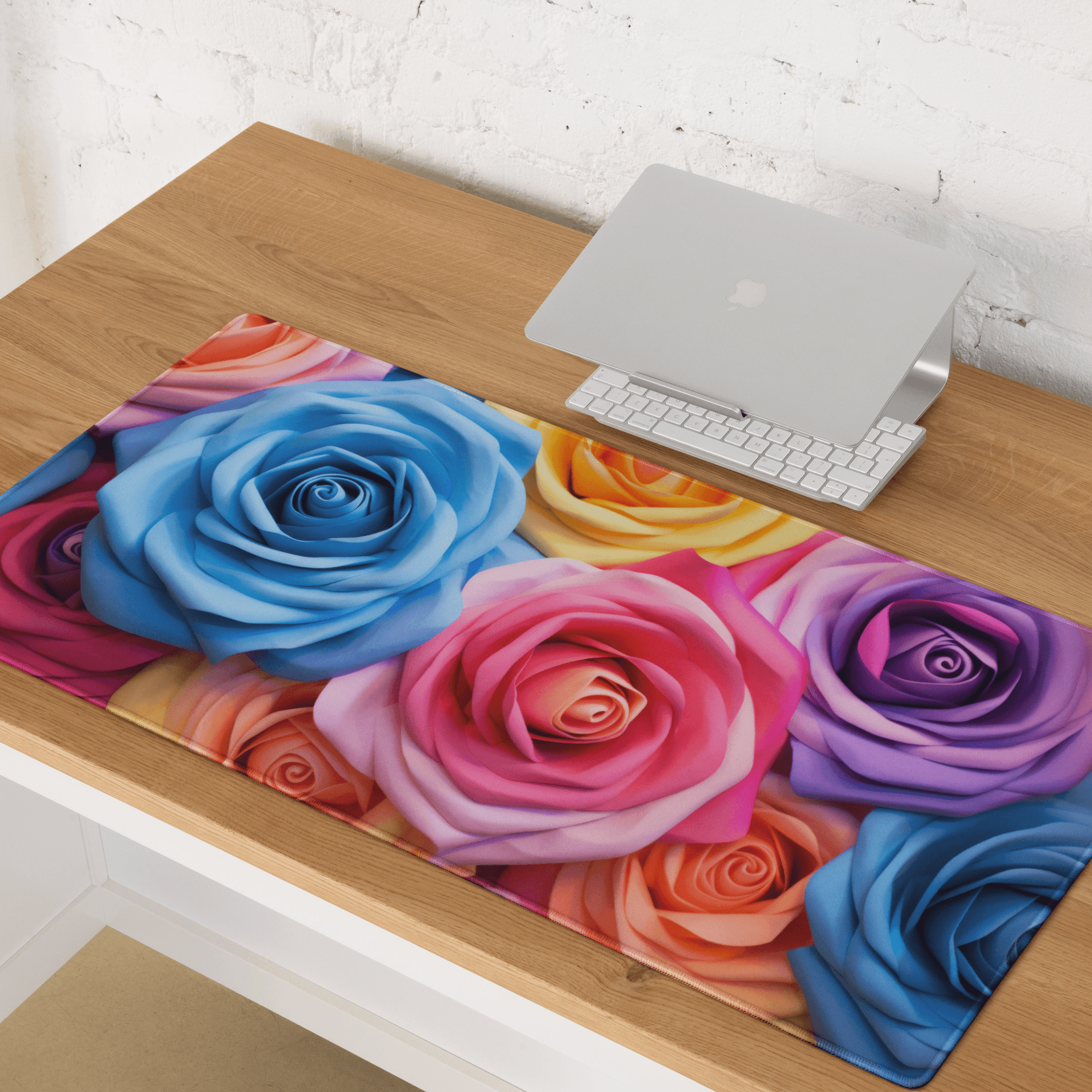 Vibrant rainbow rose gaming mouse pad with glossy finish and edge stitching