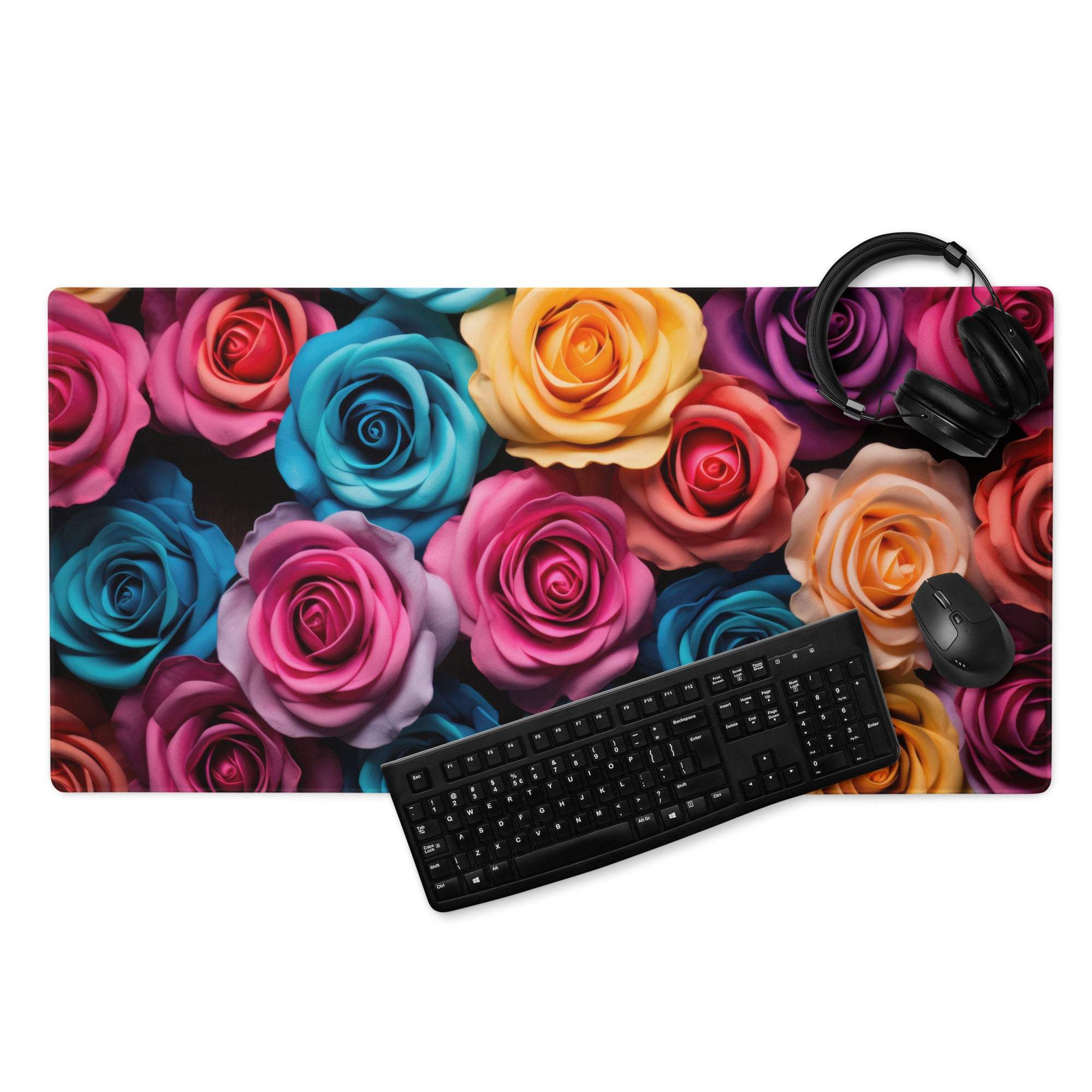 Vibrant multicolored rose gaming mouse pad with non-slip base and stitched edges