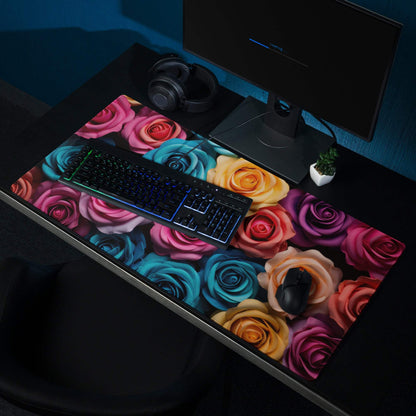 Vibrant multicolored rose gaming mousepad with glossy finish, non-slip base, stitching
