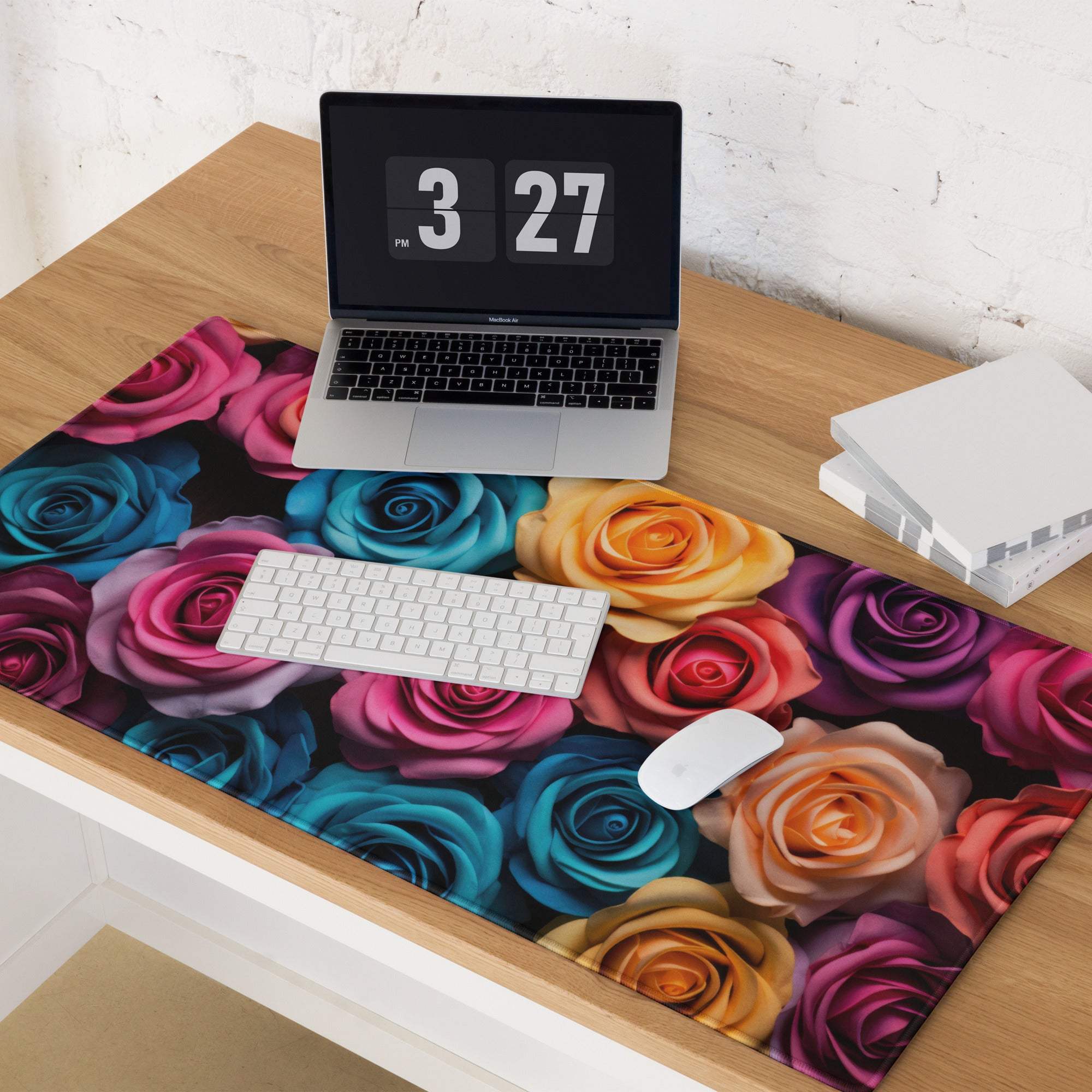 Vibrant multicolored rose gaming mouse pad with non-slip base and stitching