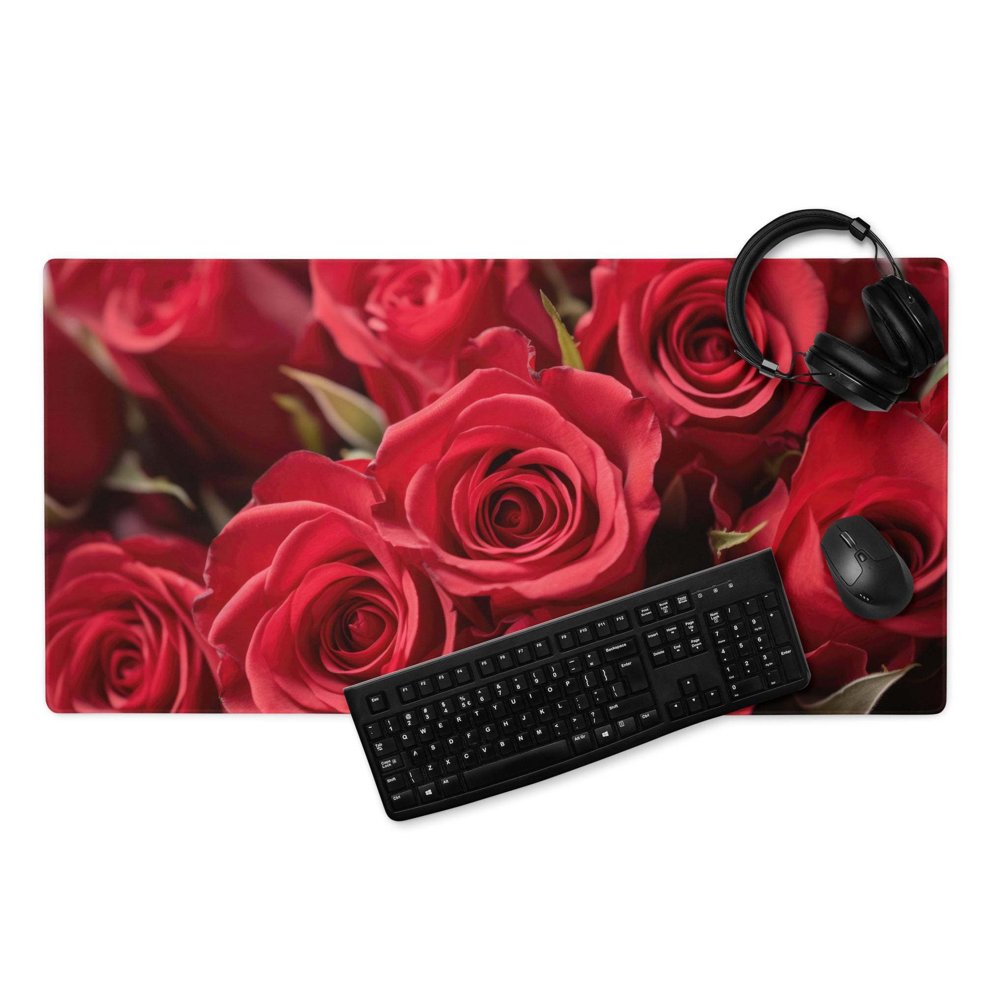 Romantic red rose floral gaming mouse pad with non-slip backing