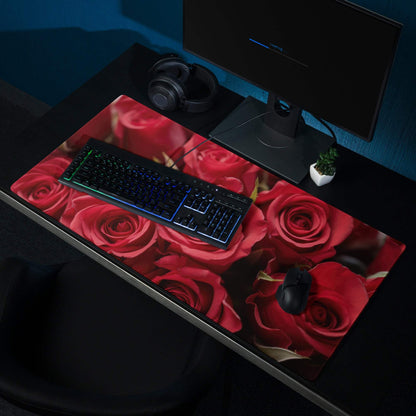 Red rose floral gaming mouse pad with glossy finish and non-slip backing