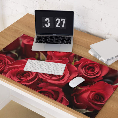 Vibrant red rose floral gaming mouse pad under laptop keyboard