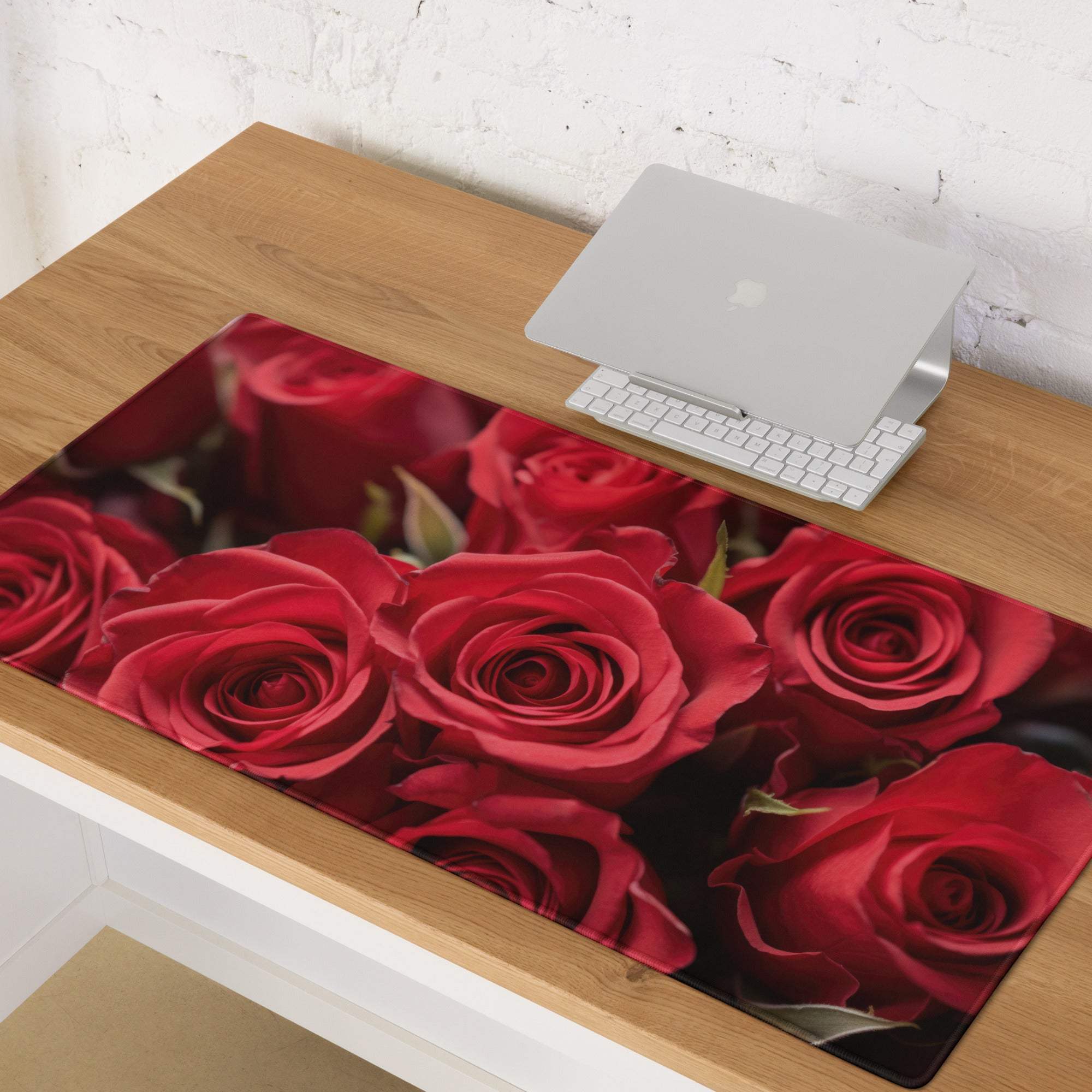 Vibrant red rose floral gaming mouse pad oversized with non-slip backing