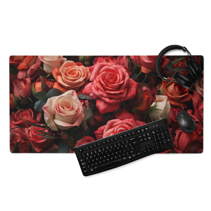 Romantic Rose Garden gaming mouse pad with vibrant red pink roses