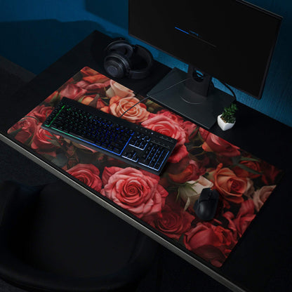 Romantic Rose Garden gaming mouse pad with vibrant red roses, large surface, stitched edges