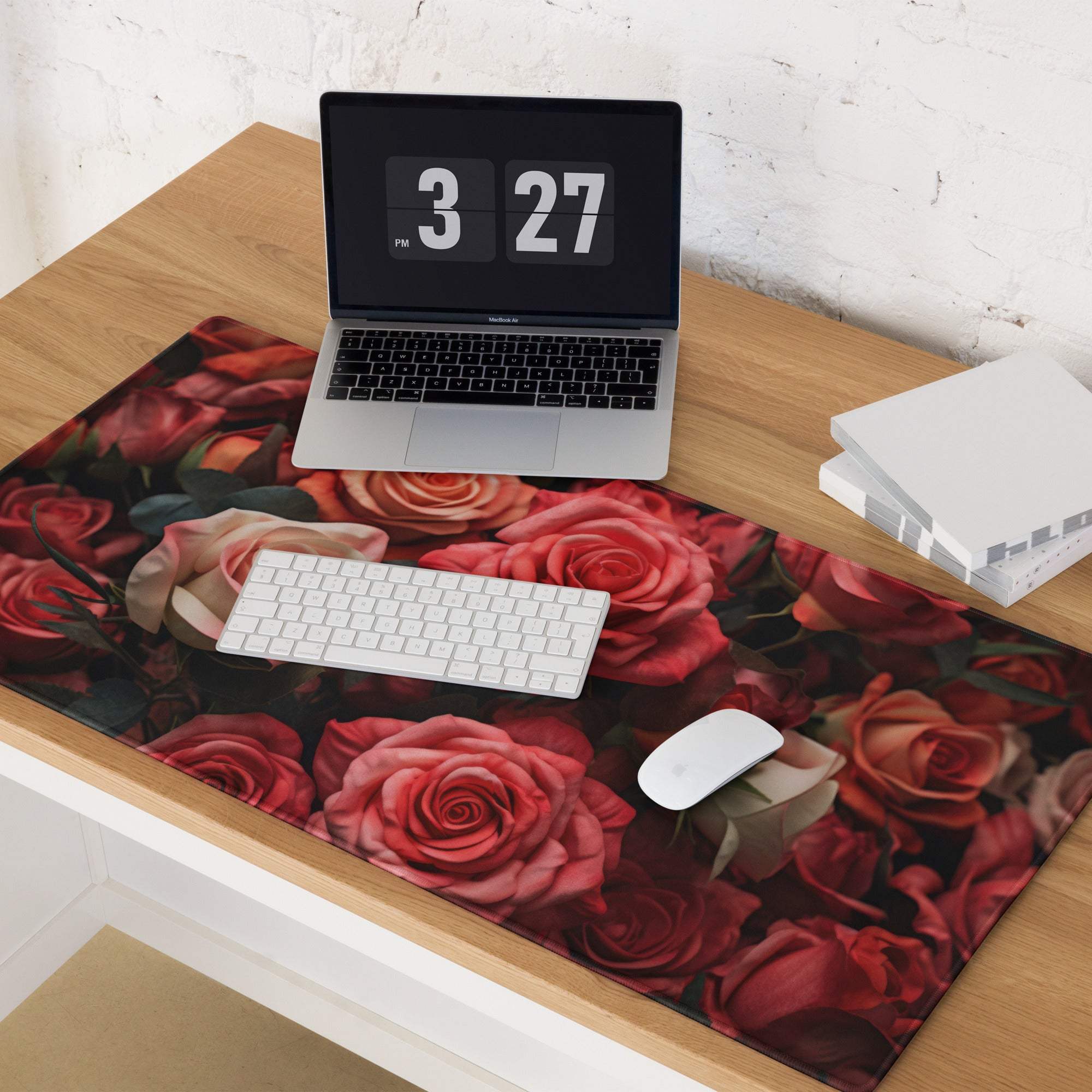 Romantic Rose Garden gaming mouse pad with red pink roses on black background