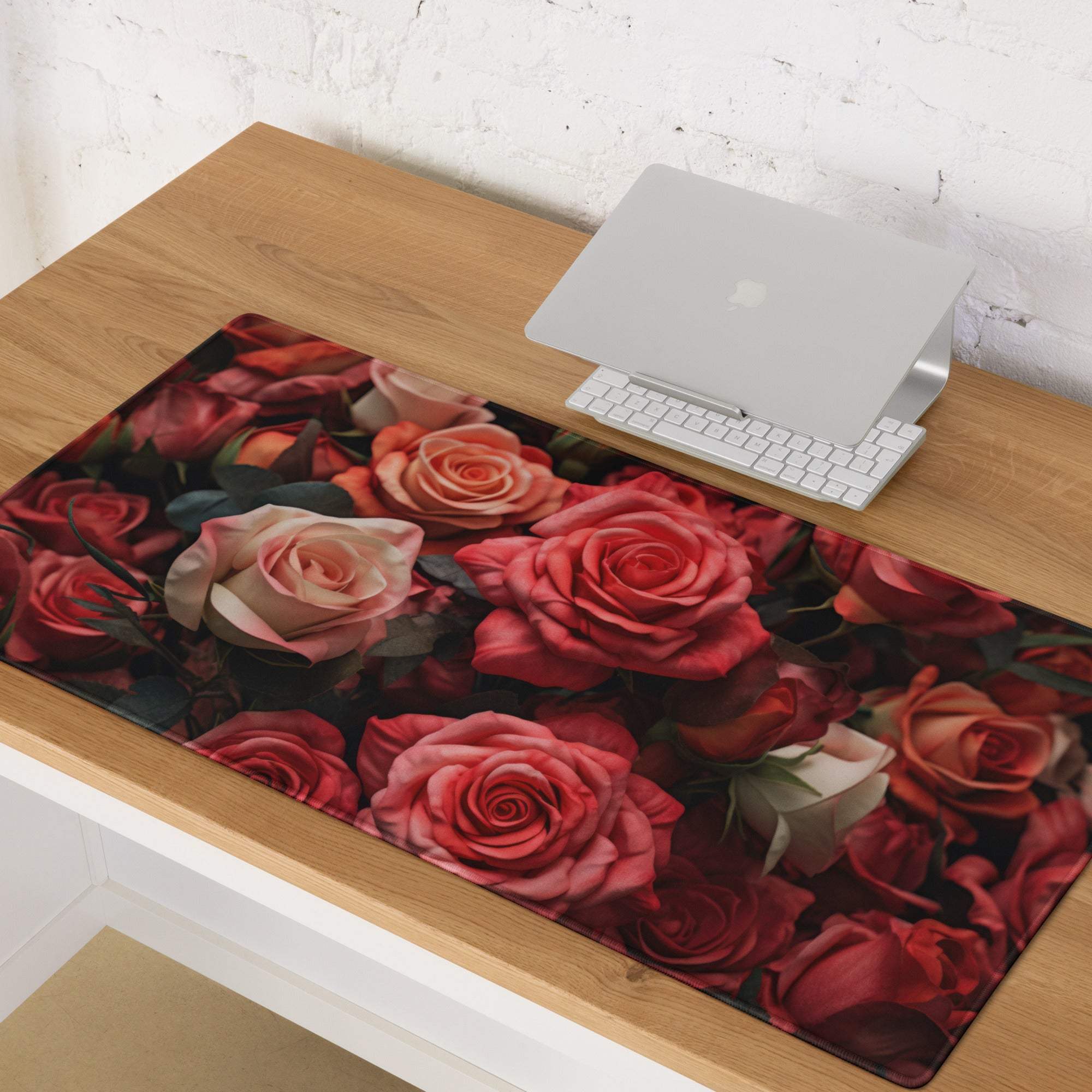 Romantic rose garden gaming mouse pad with vibrant red roses on black