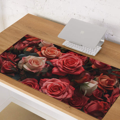 Romantic rose garden gaming mouse pad with vibrant red roses on black