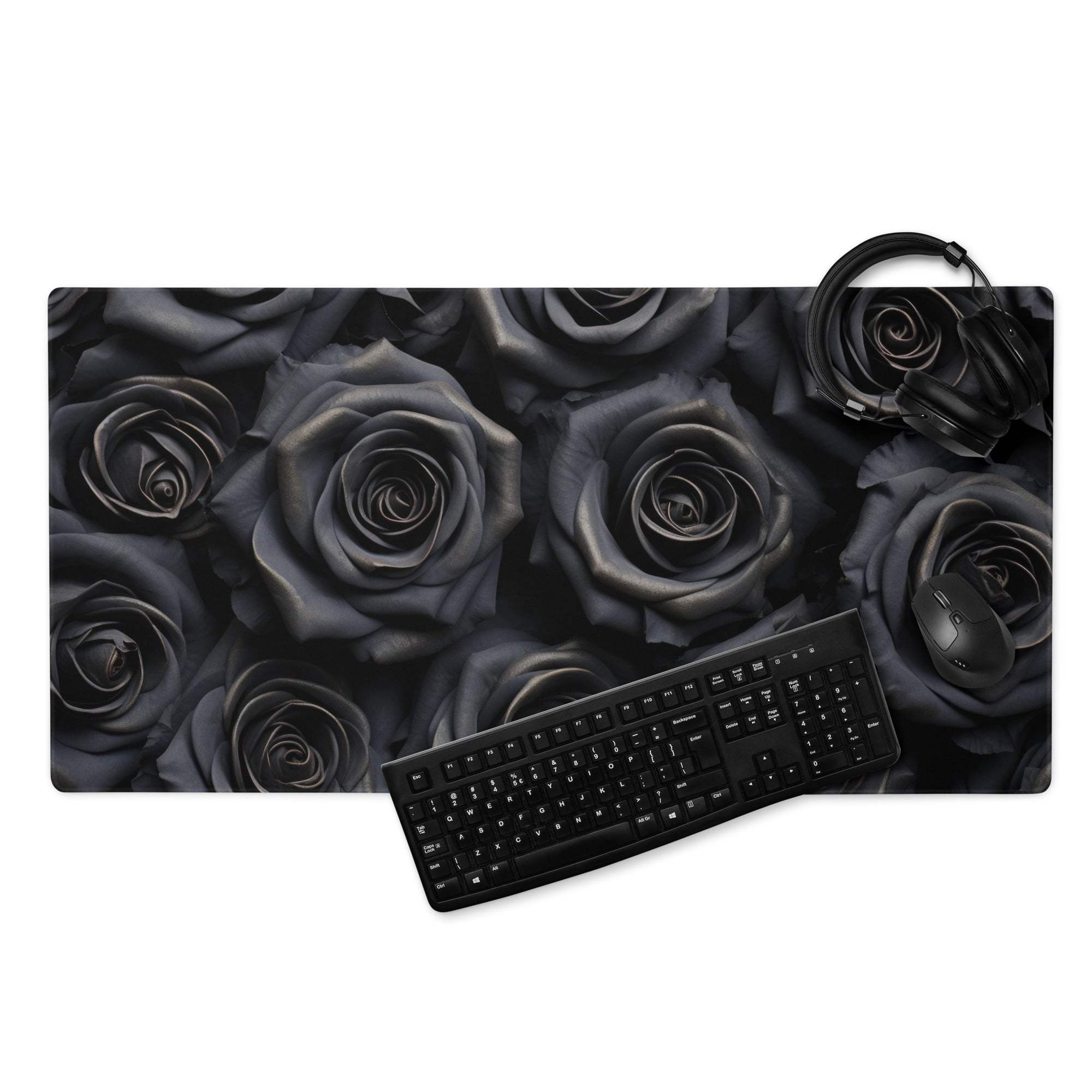 Black rose patterned large gaming mousepad with glossy finish