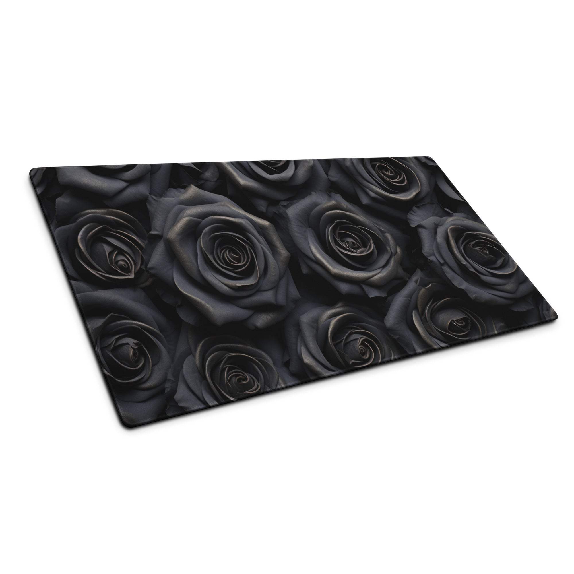 Black rose-patterned rectangular glass cutting board on Moody gaming mouse pad