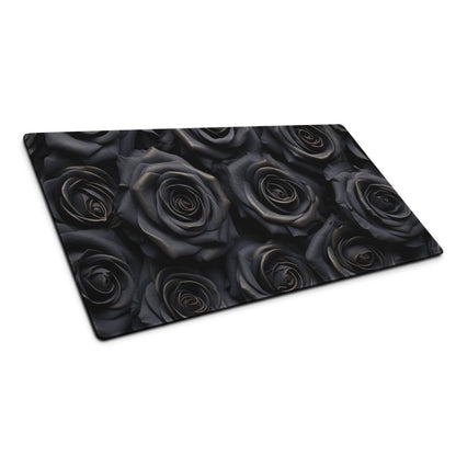 Black rose-patterned rectangular glass cutting board on Moody gaming mouse pad