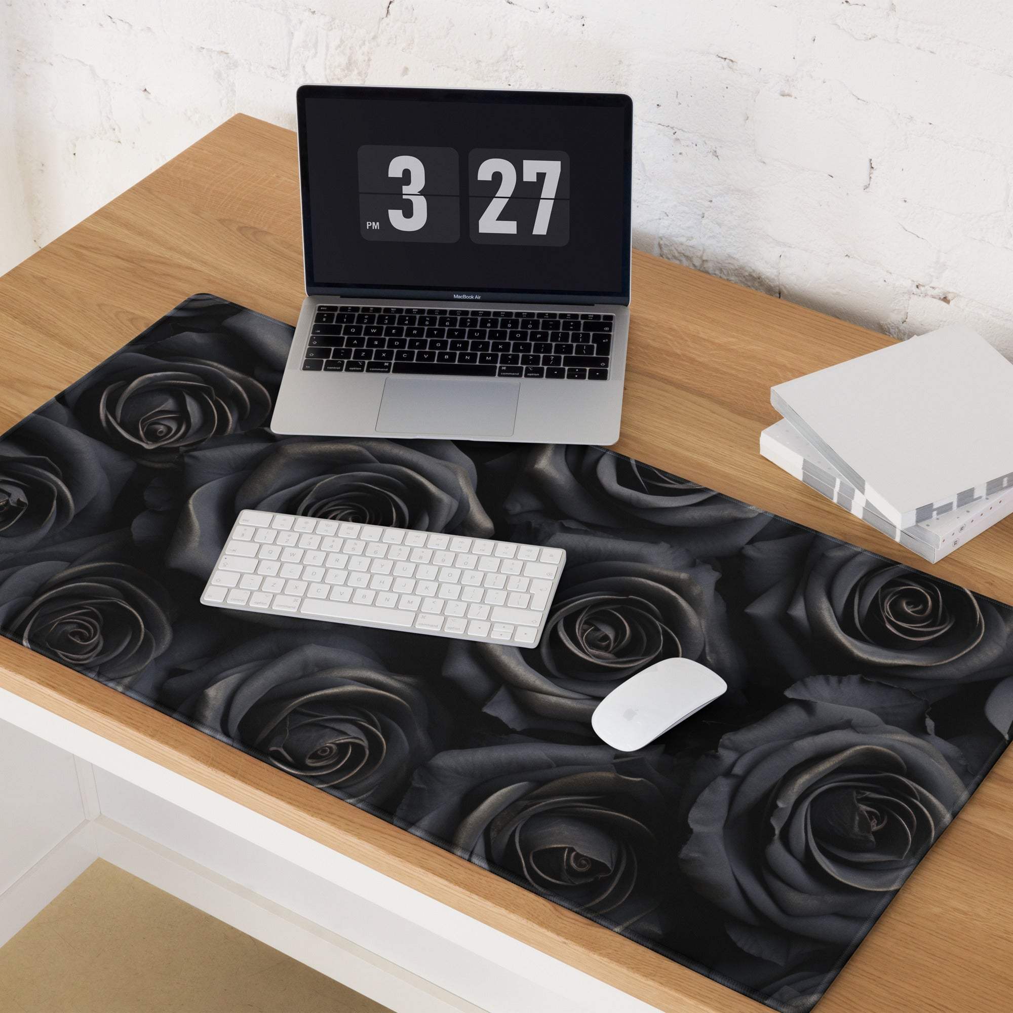 Black rose-patterned large gaming mouse pad with non-slip base