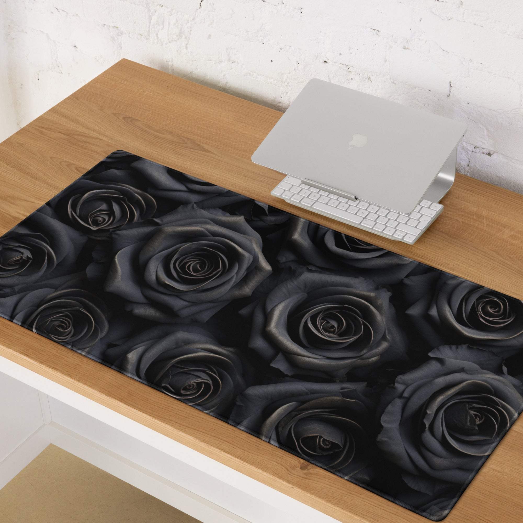 Black rose-patterned rectangular desk mat for gaming mouse pad