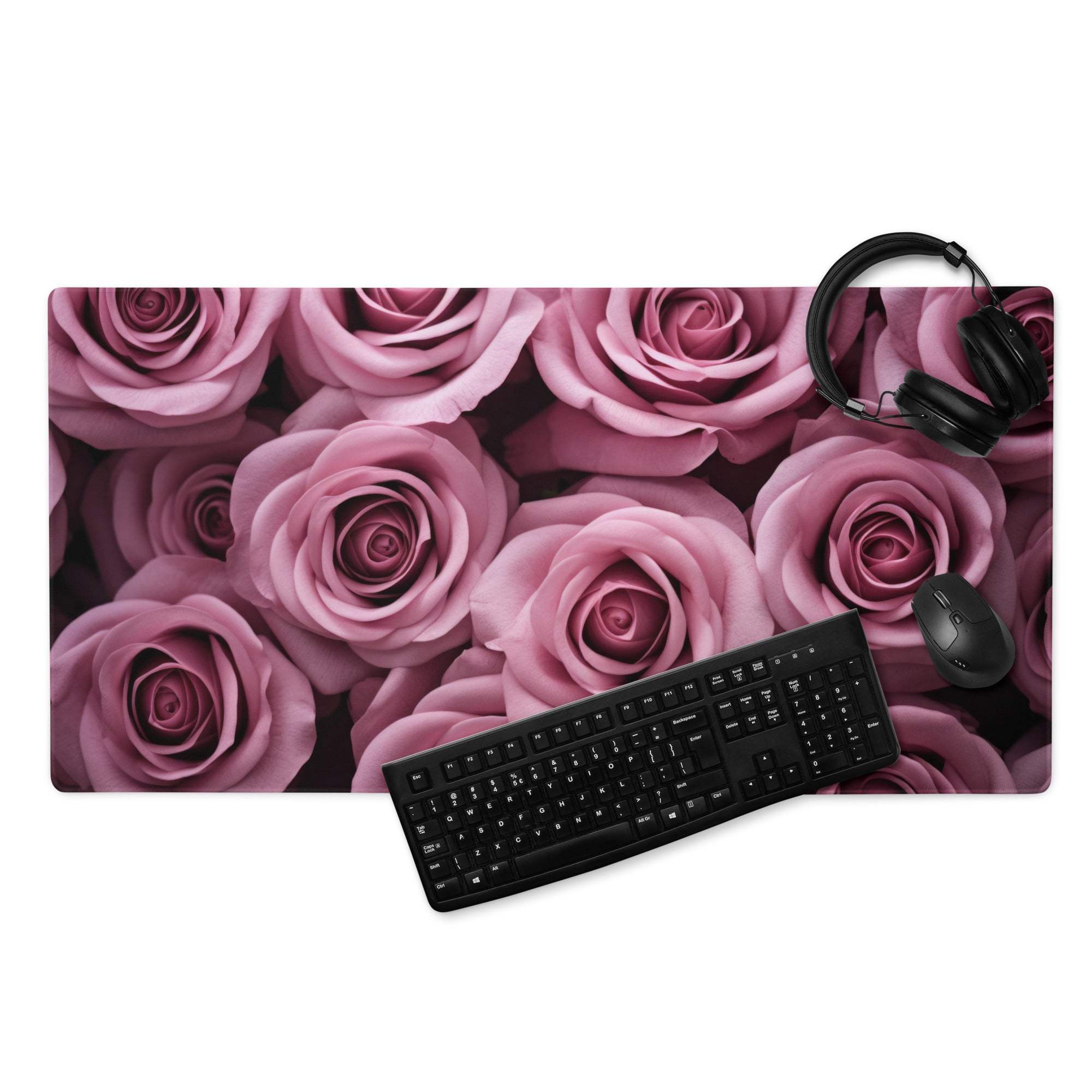 Elegant pink rose floral gaming mouse pad with non-slip base, large