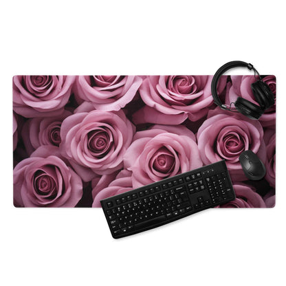 Elegant pink rose floral gaming mouse pad with non-slip base, large