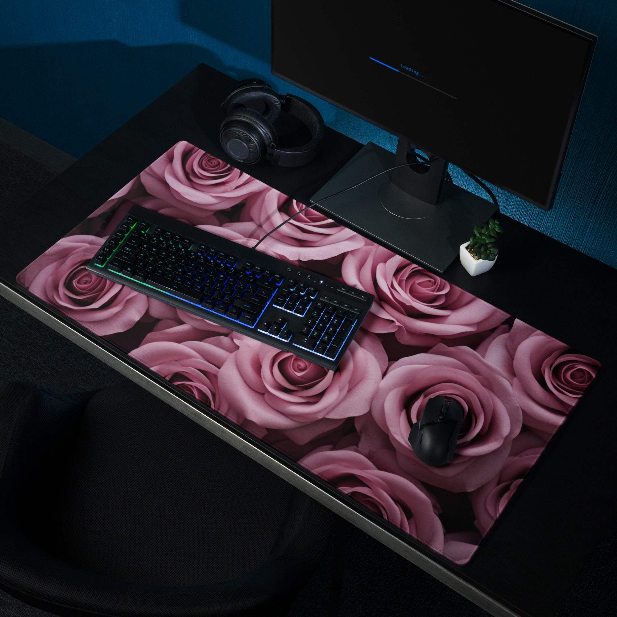 Elegant pink rose floral gaming mouse pad with non-slip base, large size