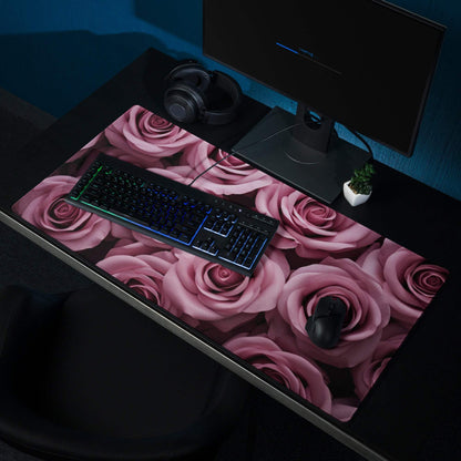 Elegant pink rose floral gaming mouse pad with non-slip base, large size