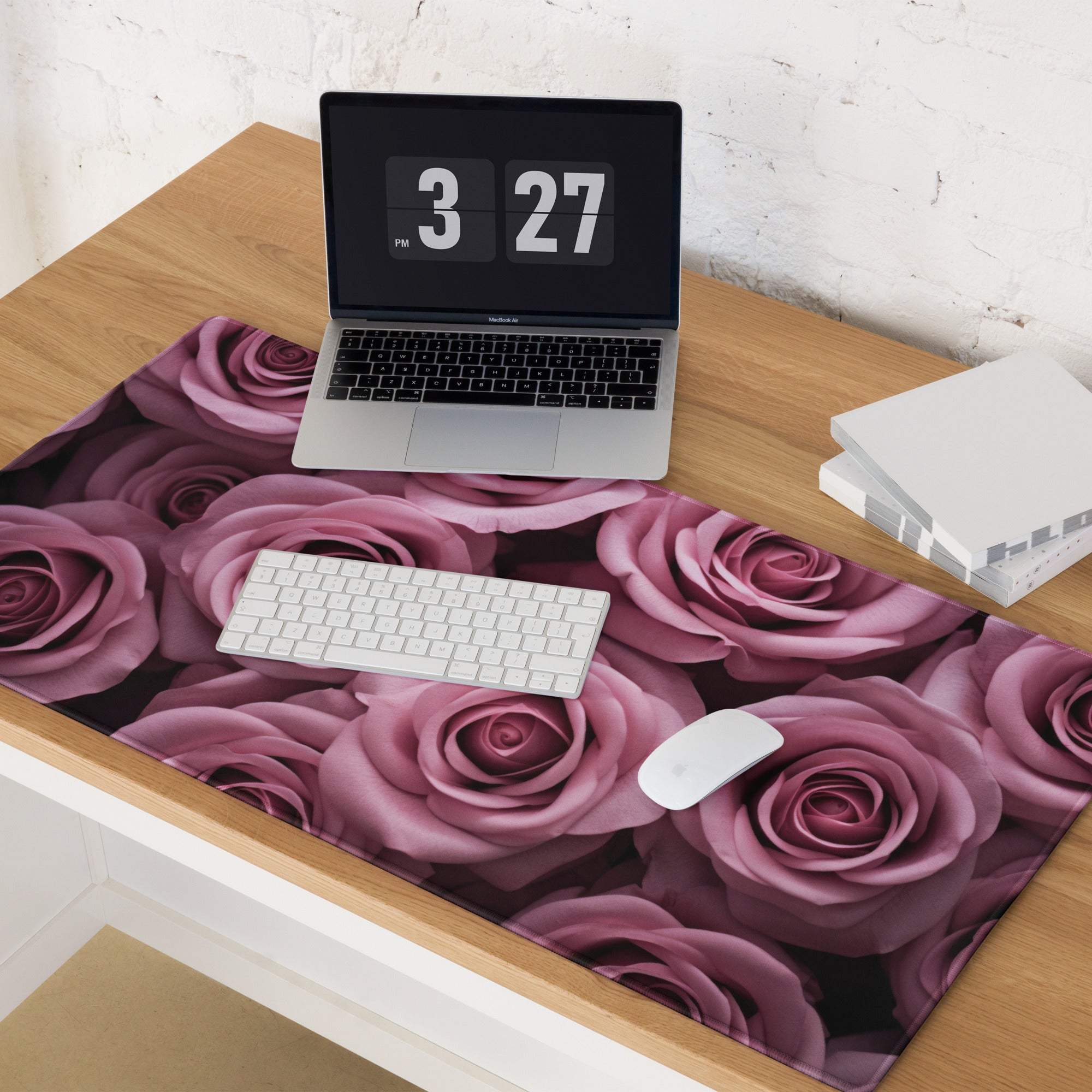 Elegant pink rose floral gaming mouse pad with non-slip base, large size