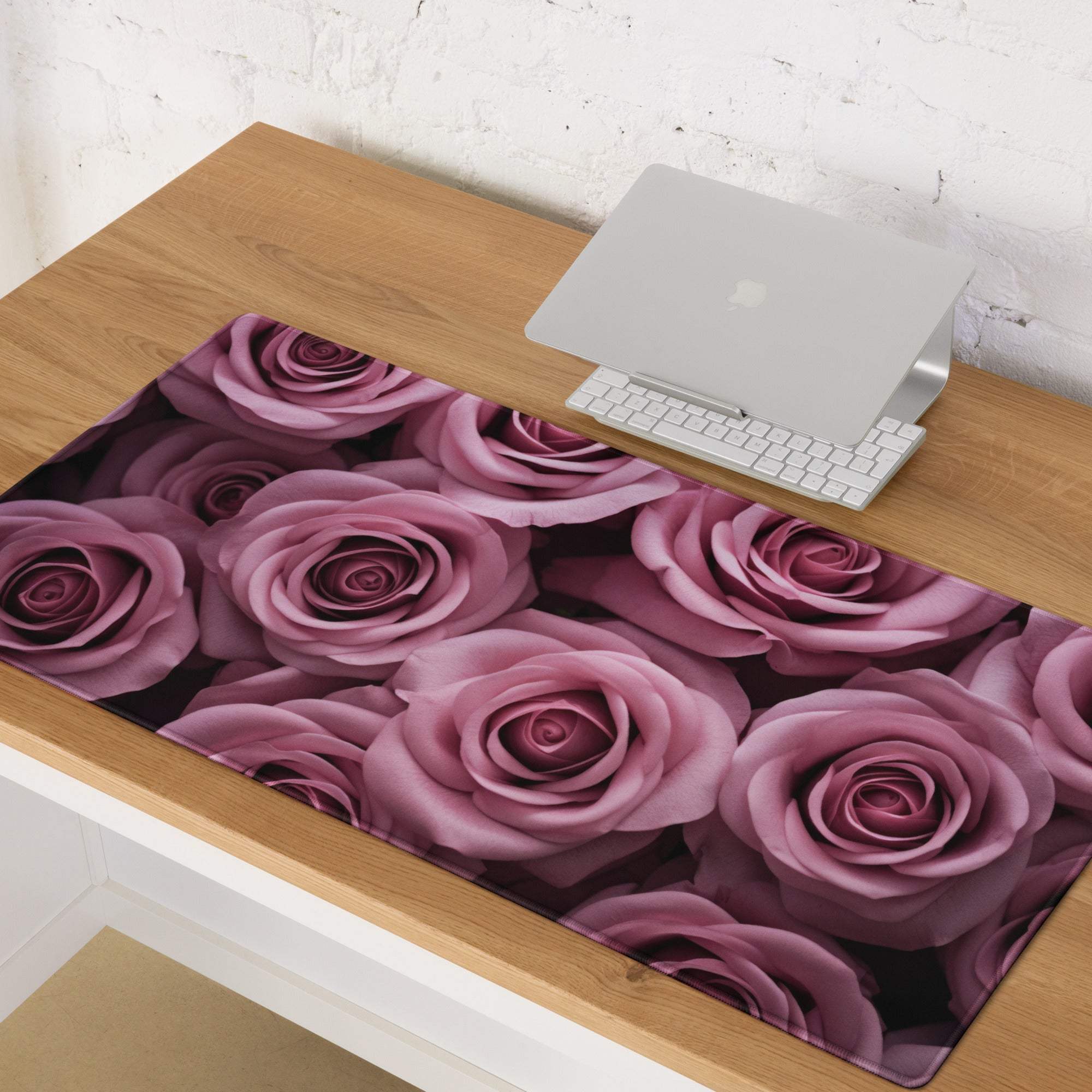 Elegant pink rose floral gaming mouse pad with non-slip base, large size