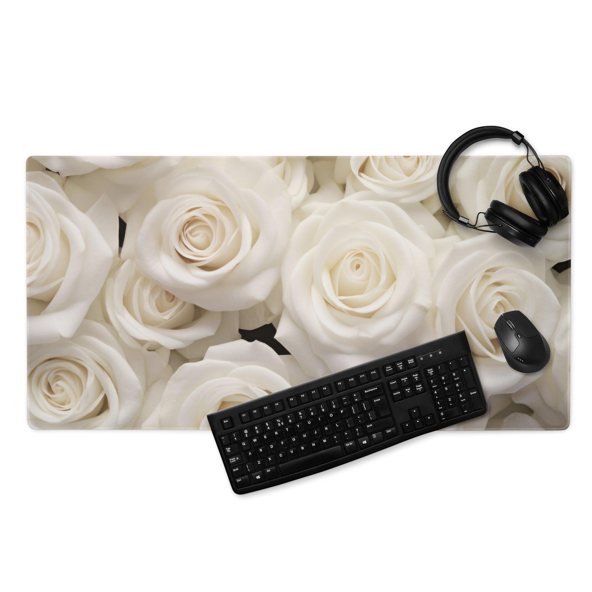 Elegant white rose gaming mouse pad with black keyboard and headphones