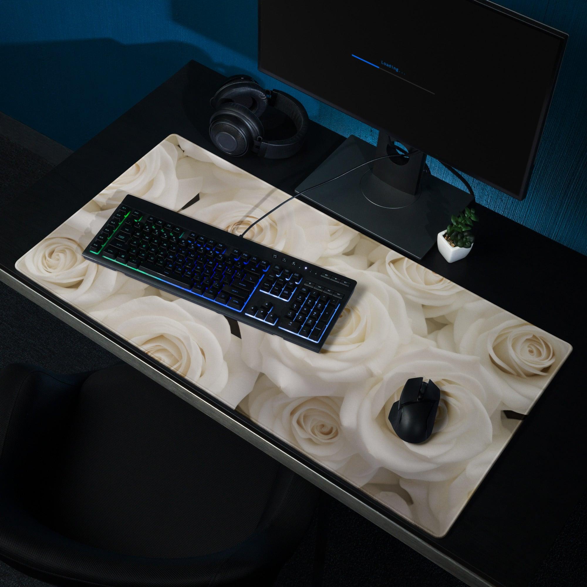Elegant white rose gaming mouse pad with non-slip base and edge stitching