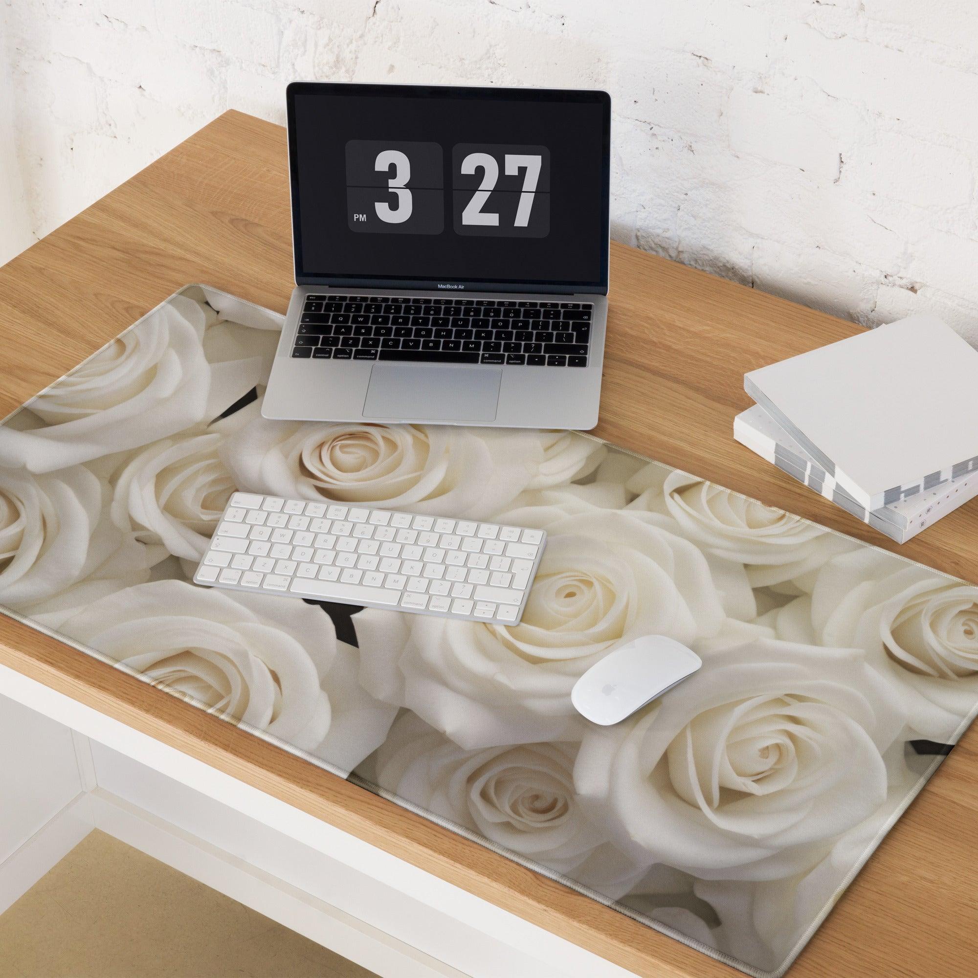 White rose-patterned desk mat gaming mouse pad with non-slip base and edge stitching