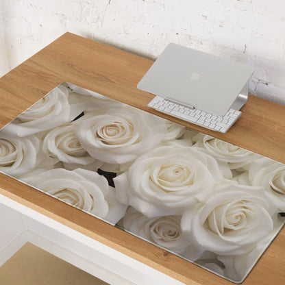Elegant white rose gaming mouse pad, large non-slip glossy mat on wood