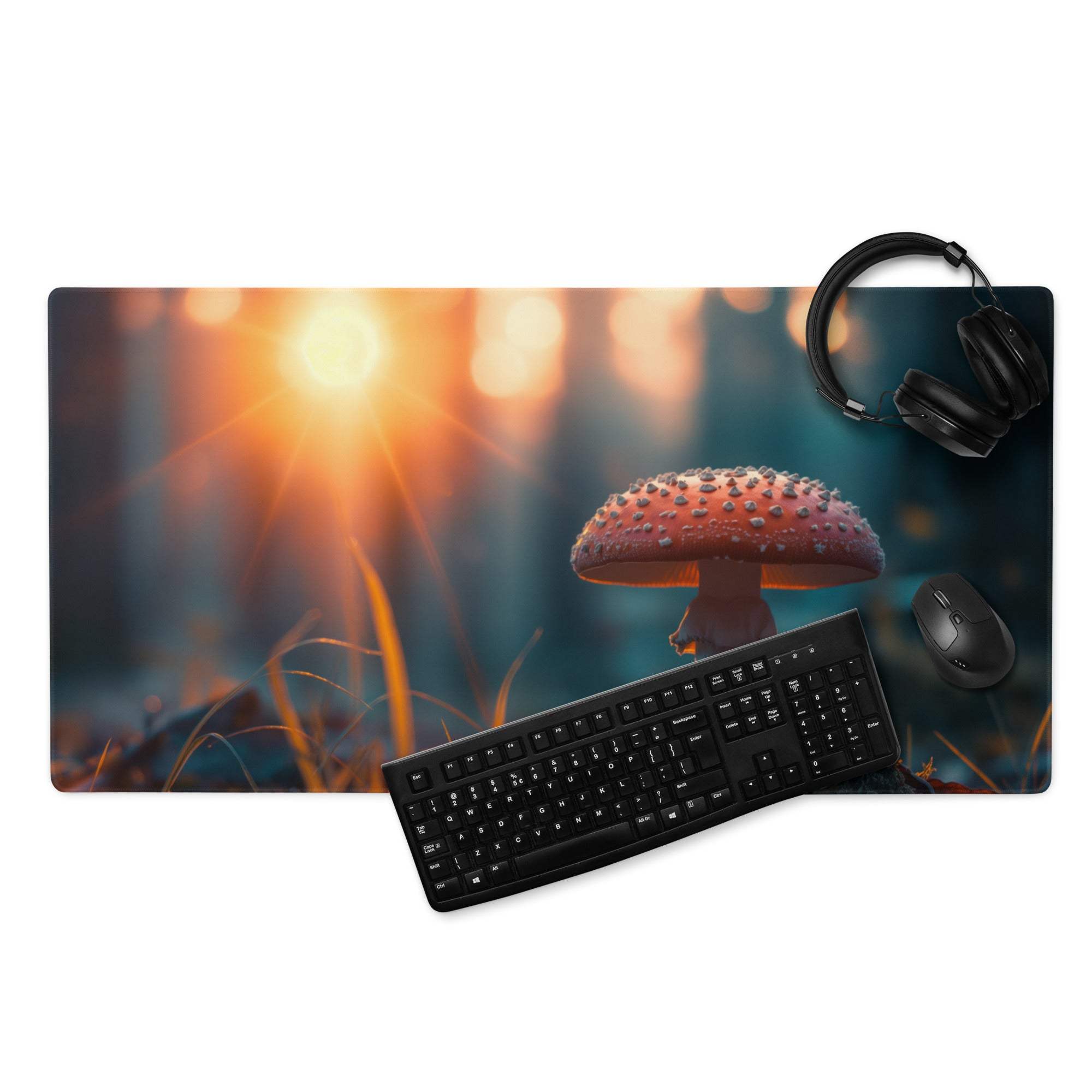 Large dreamy sunset mushroom forest gaming mouse pad with non-slip backing