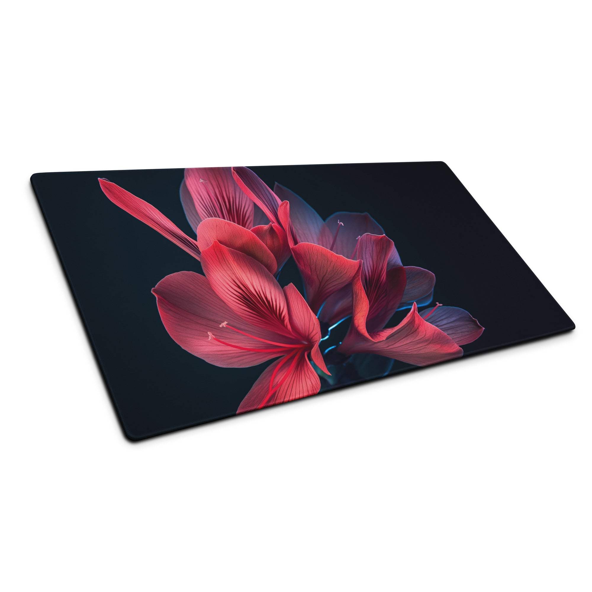 Sleek black floral gaming mouse pad with red magenta flowers, non-slip backing