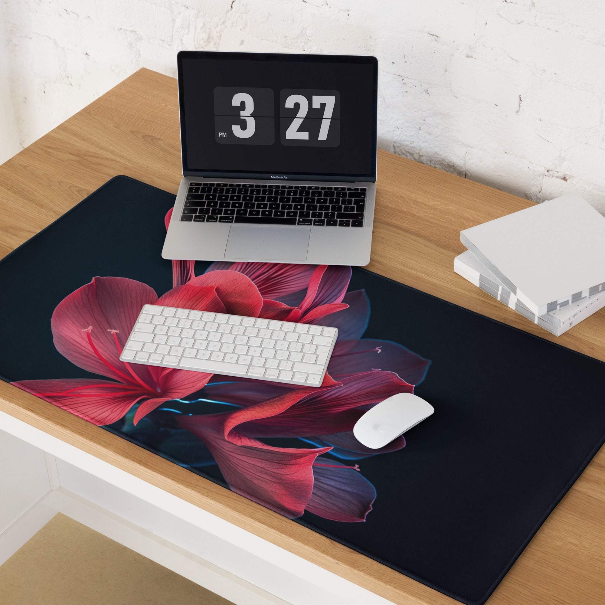 Black large gaming mouse pad with red purple floral design, non-slip backing