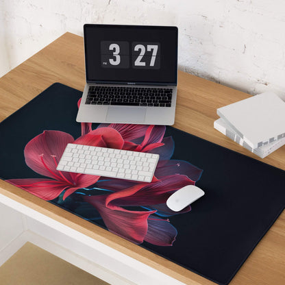 Black large gaming mouse pad with red purple floral design, non-slip backing