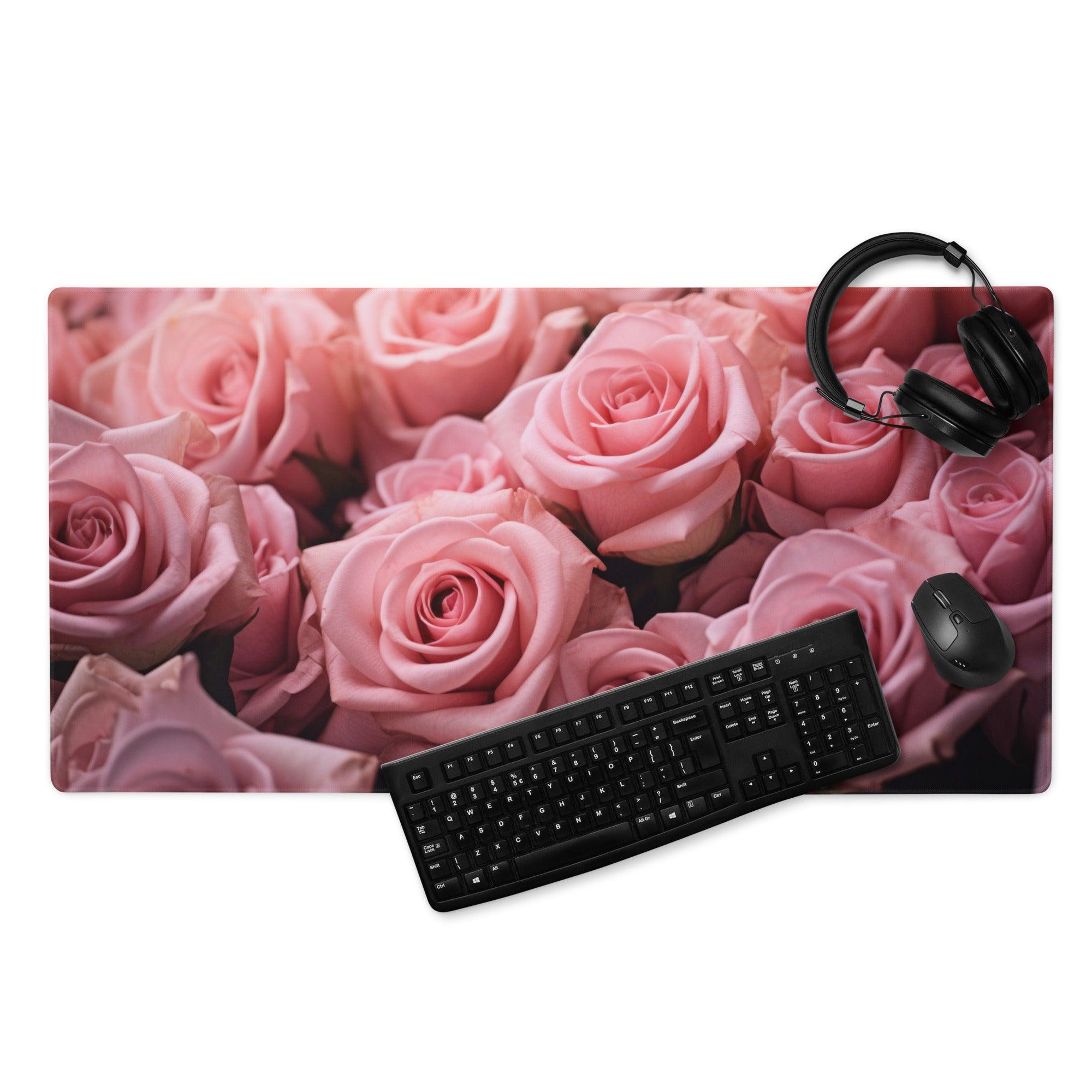 Pink rose-patterned gaming mousepad with black keyboard and mouse