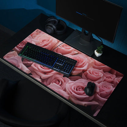 Pink rose-patterned gaming mousepad with glossy finish, non-slip base and stitched edges