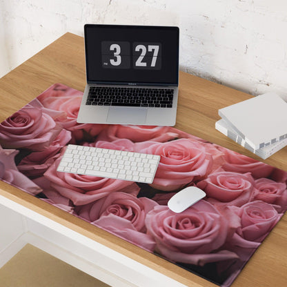 Pink rose-patterned gaming mouse pad with non-slip base and stitched edges