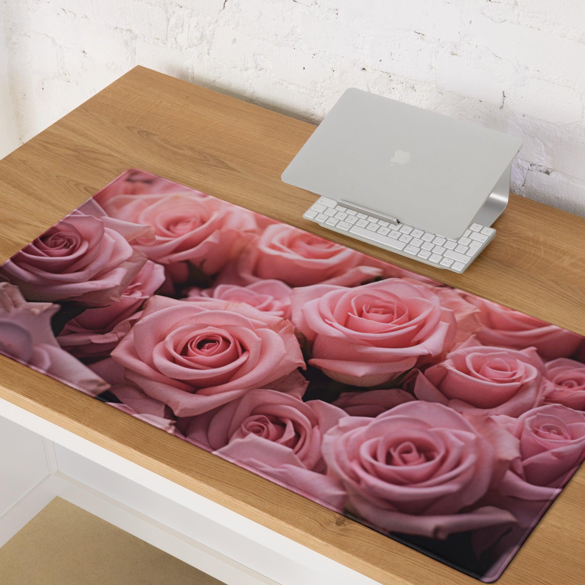 Pink rose-patterned rectangular gaming mouse pad with non-slip base
