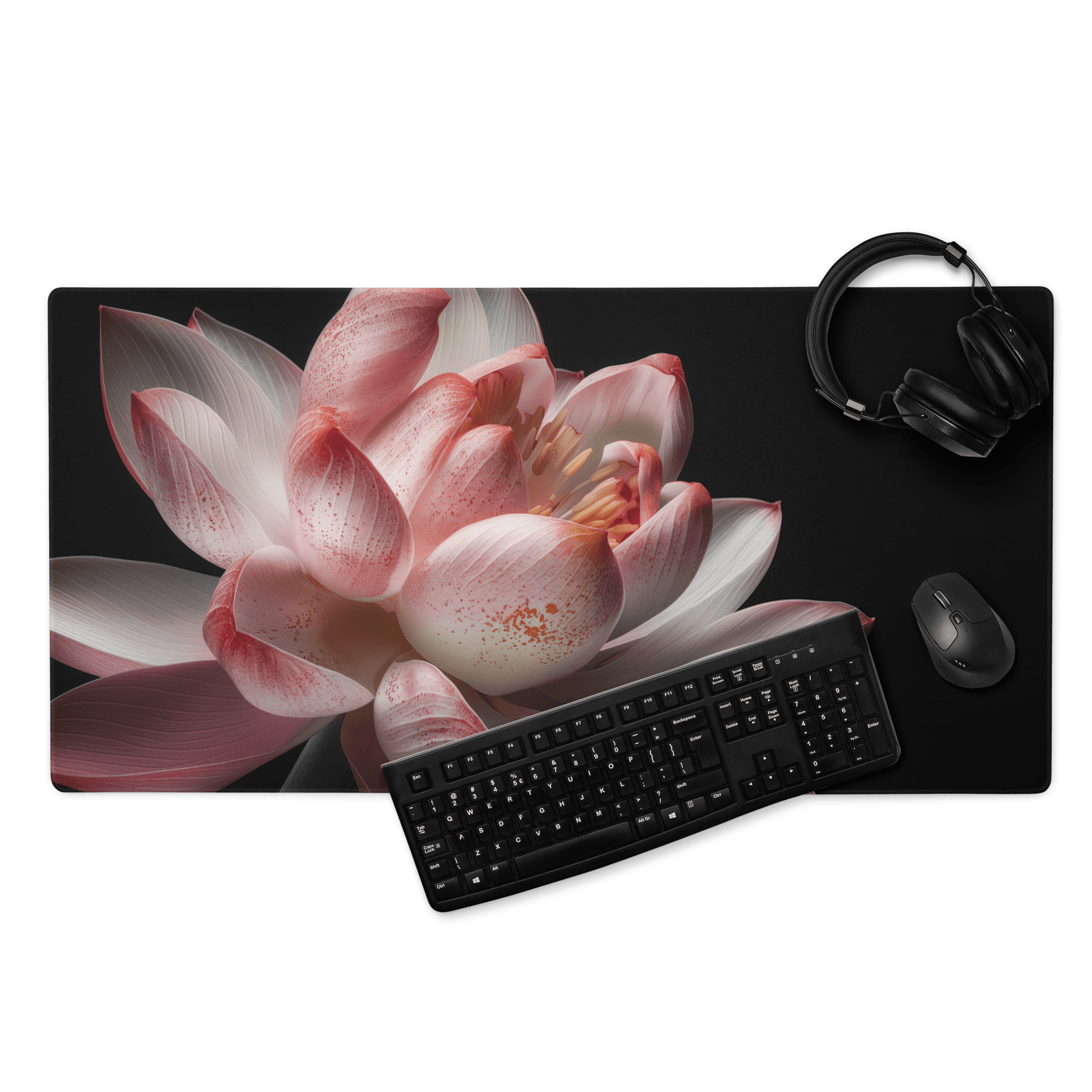 Pink lotus large gaming mouse pad with non-slip base and edge stitching